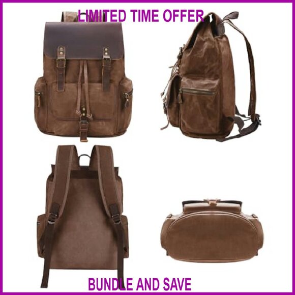 Vintage Waxed Canvas Backpack with Leather 17" Laptop Sleeve Travel Daypack - Picture 7 of 8